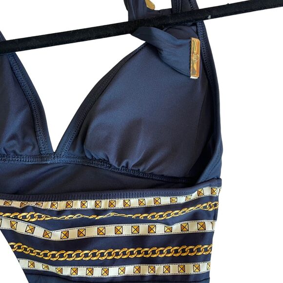Michael Kors Halter One Piece Swimsuit - Chain Print Border Navy Size 6 NWT - Picture 16 of 16